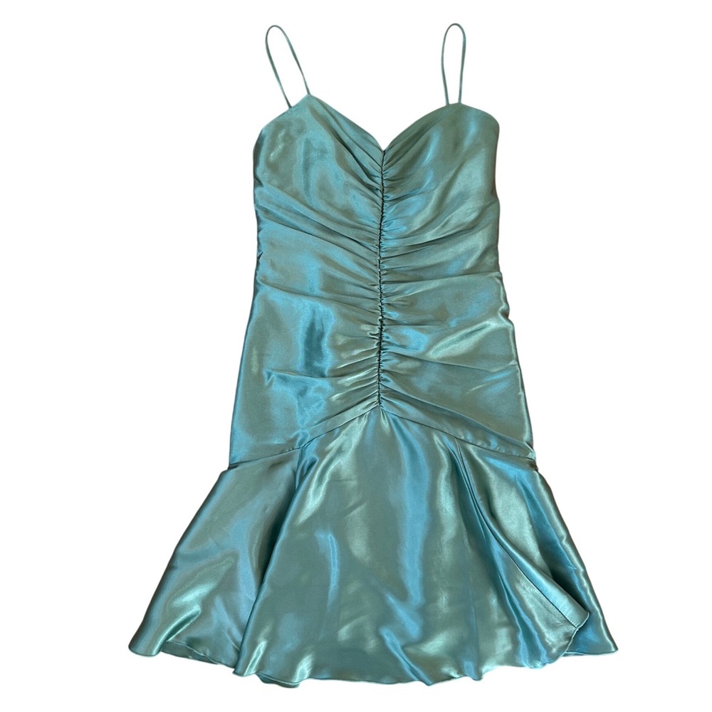 vtg jessica mcclintock gunne sax green ruched flare mini dress 90s‎ fairy